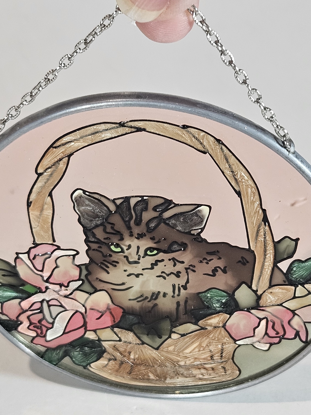 Vintage JoanBaker Handcrafted Stained Glass Cat in Floral Basket Suncatcher